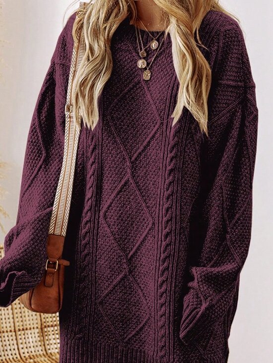 Burgundy Casual Women's Oversized Knitted Sweater Dress with Drop Shoulder - Picture 1 of 9